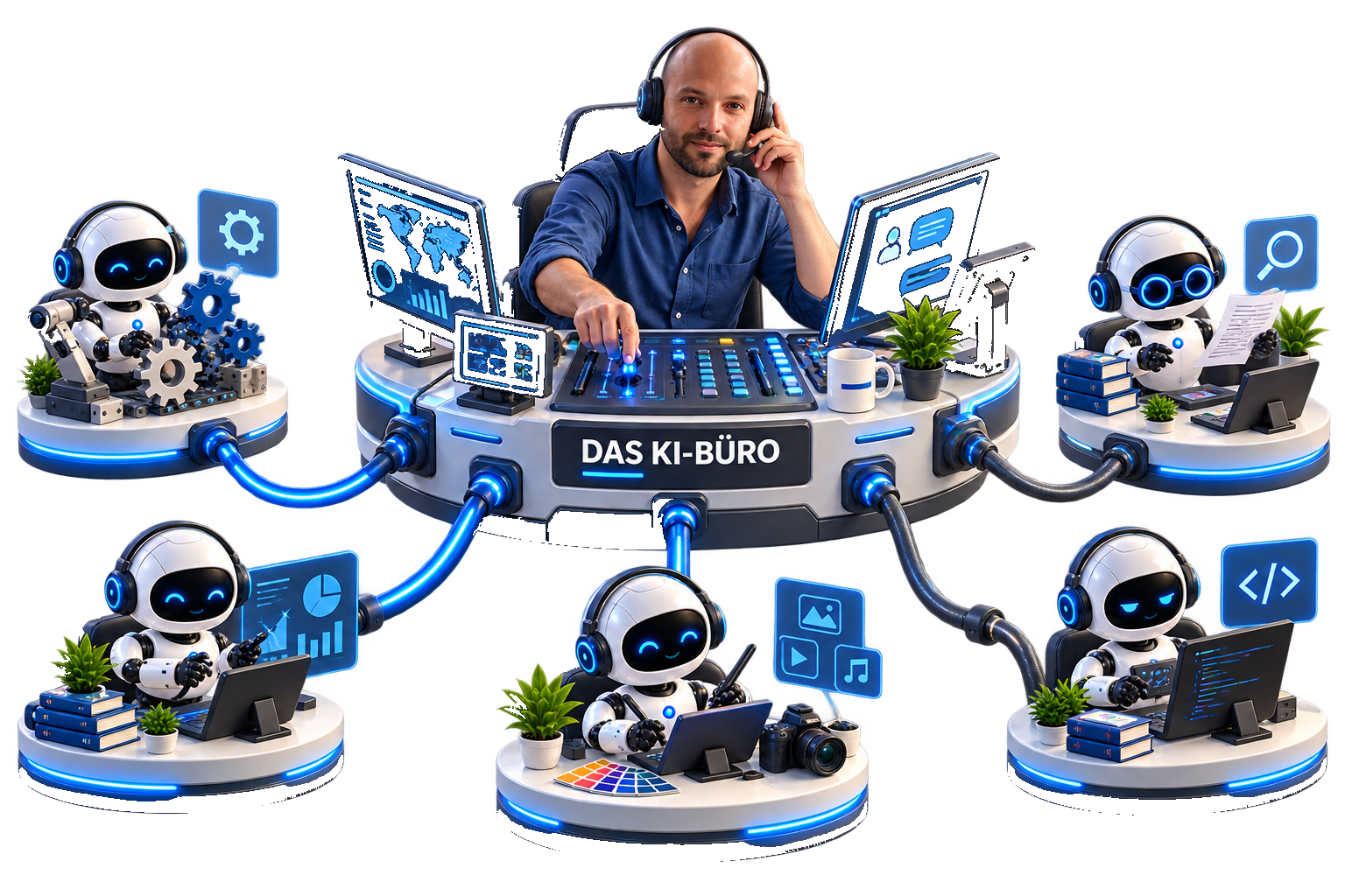 Ein menschlicher Ansprechpartner steuert an einer zentralen Konsole mehrere KI-Roboter bei unterschiedlichen Aufgaben.